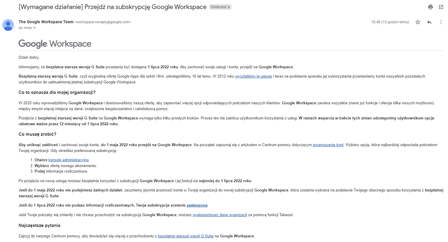 Całkowite wycofanie usługi G Suite Free